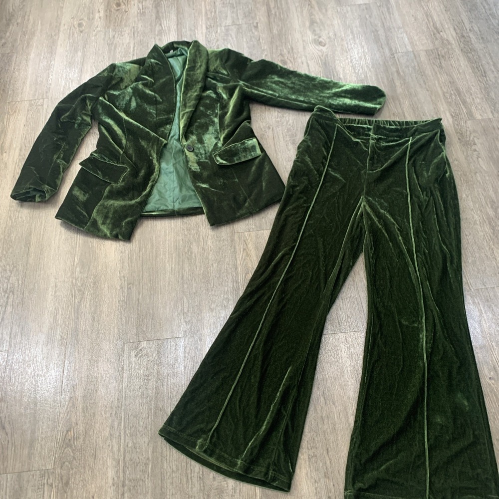 Velvet Blazer and Wide-Leg Flare Pants Set Midnight Green Women XL 2 Piece